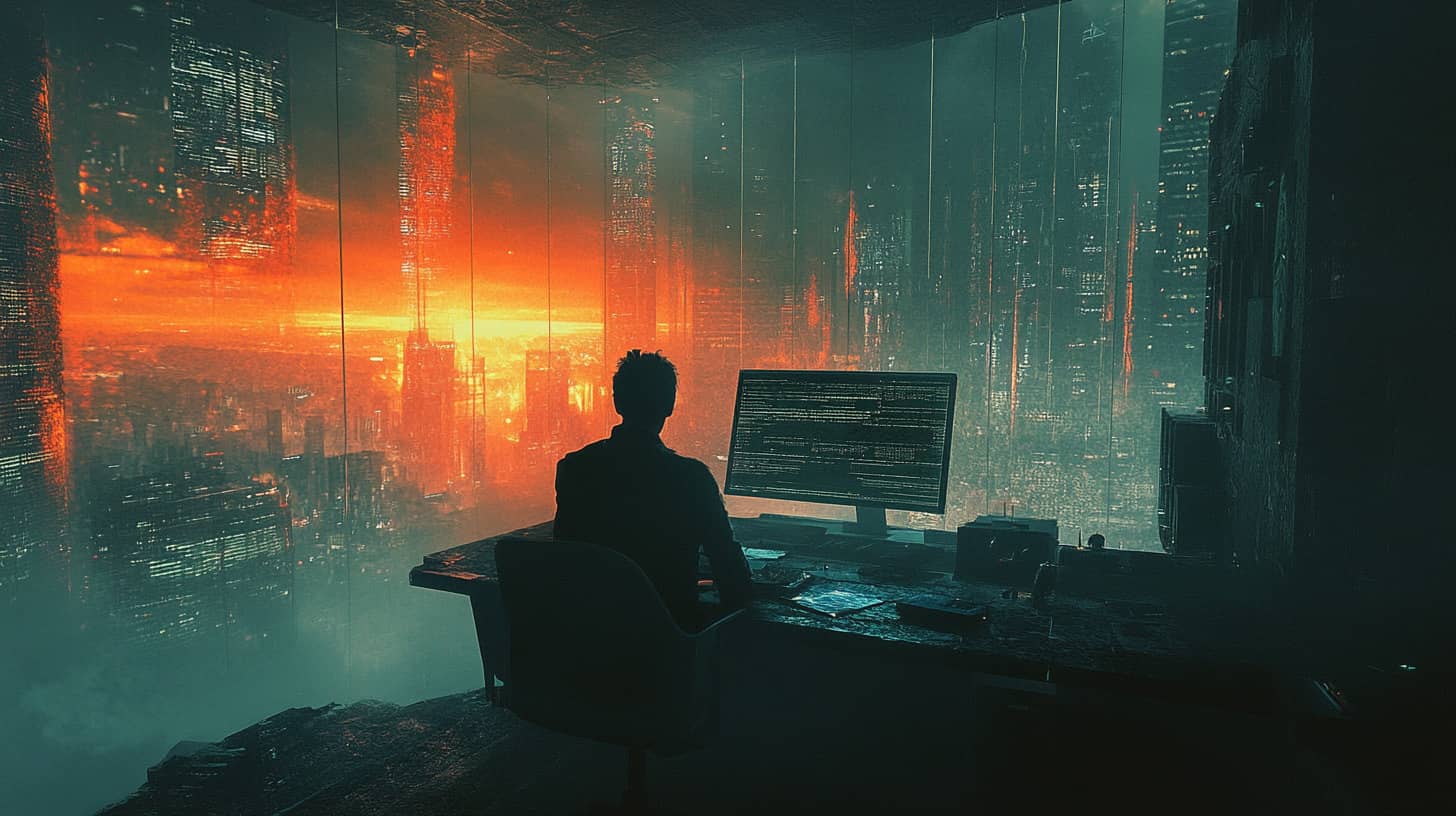 A silhouette of a man writing with AI tools in a futuristic office overlooking a glowing cyberpunk city at sunset