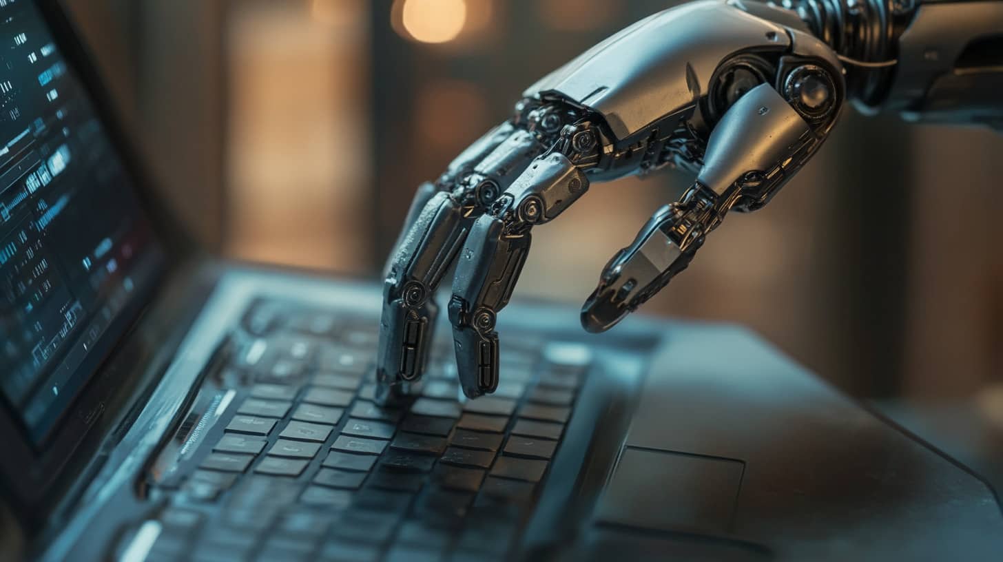 A robotic hand typing on a laptop keyboard, symbolizing AI-assisted writing for creators and solopreneurs