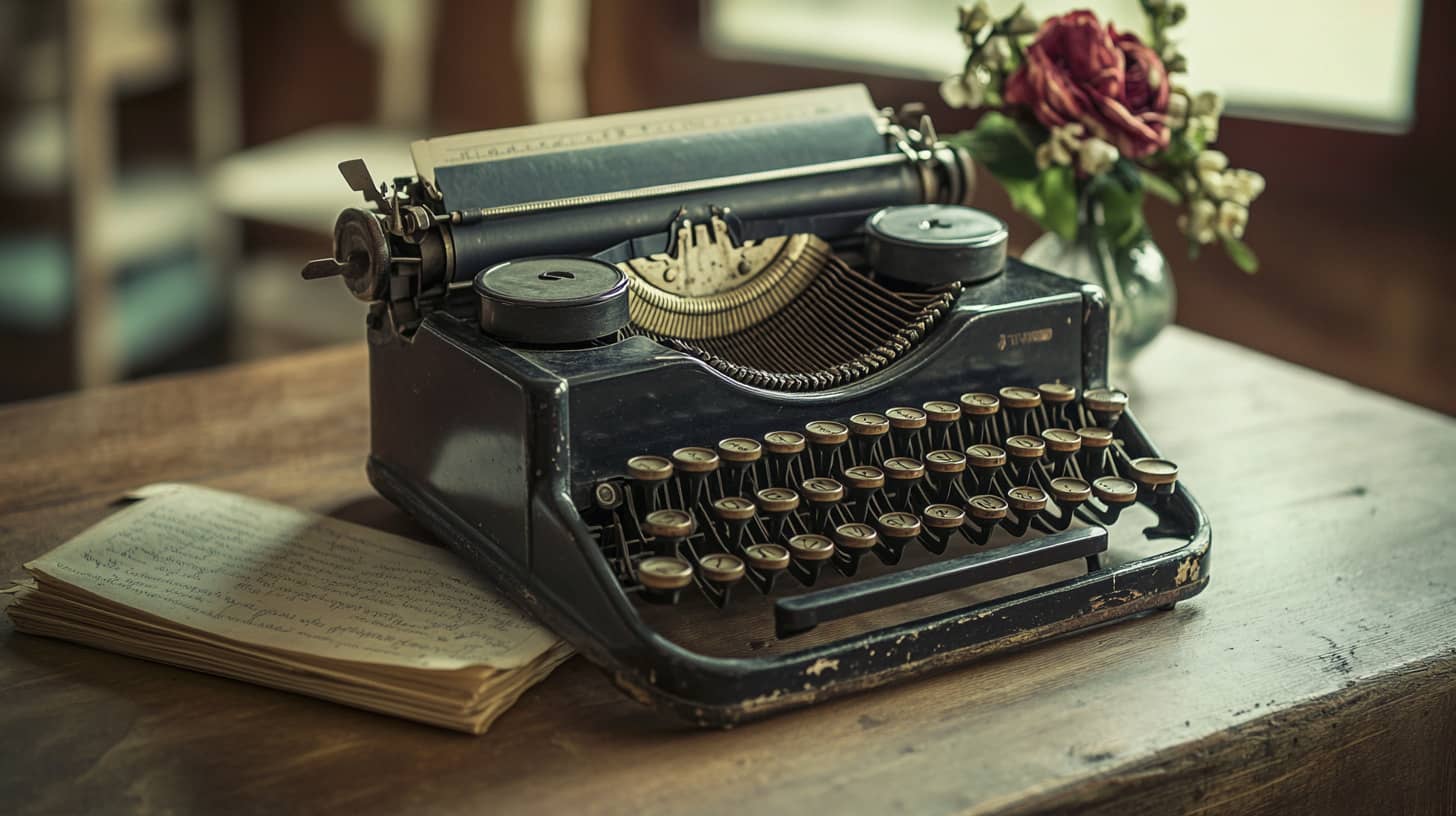 Vintage typewriter on wooden desk beside handwritten pages and a flower vase
