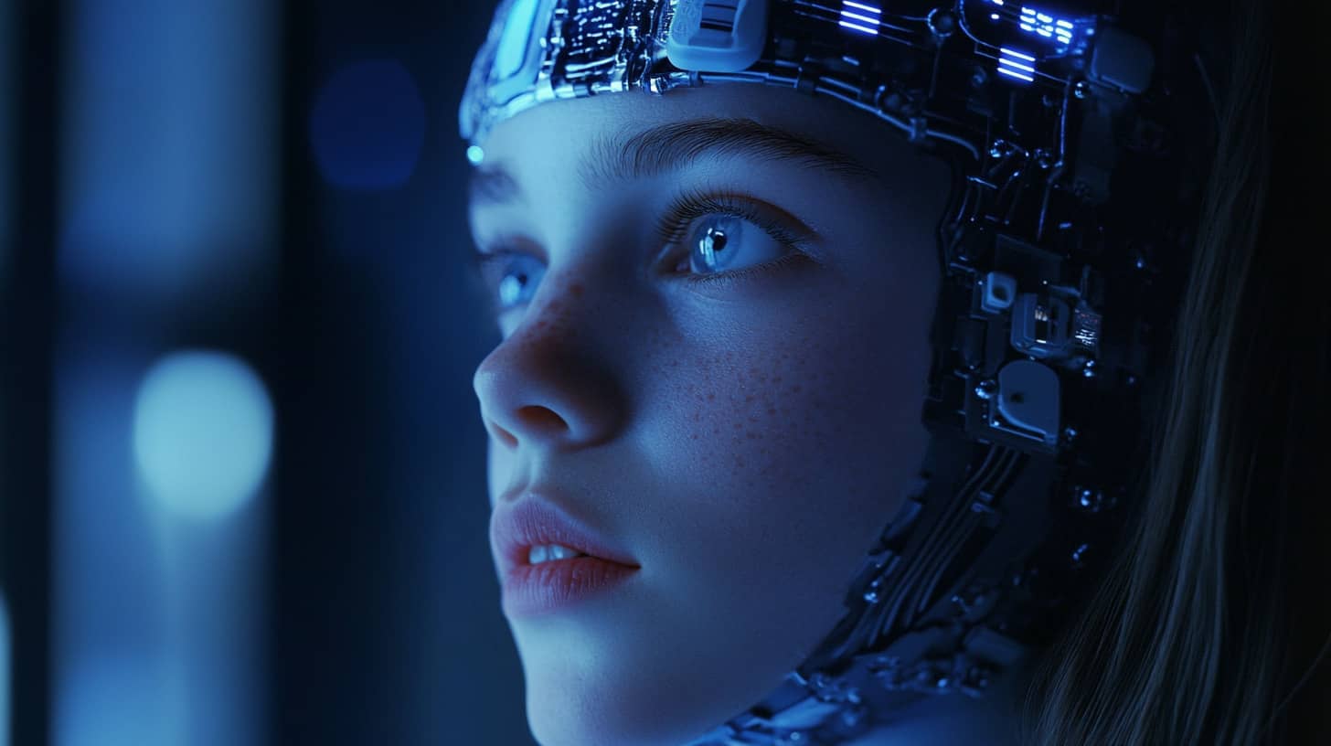 A close-up of a human like face with ai enhancements, gazing forward with emotion and curiosity in a futuristic blue light