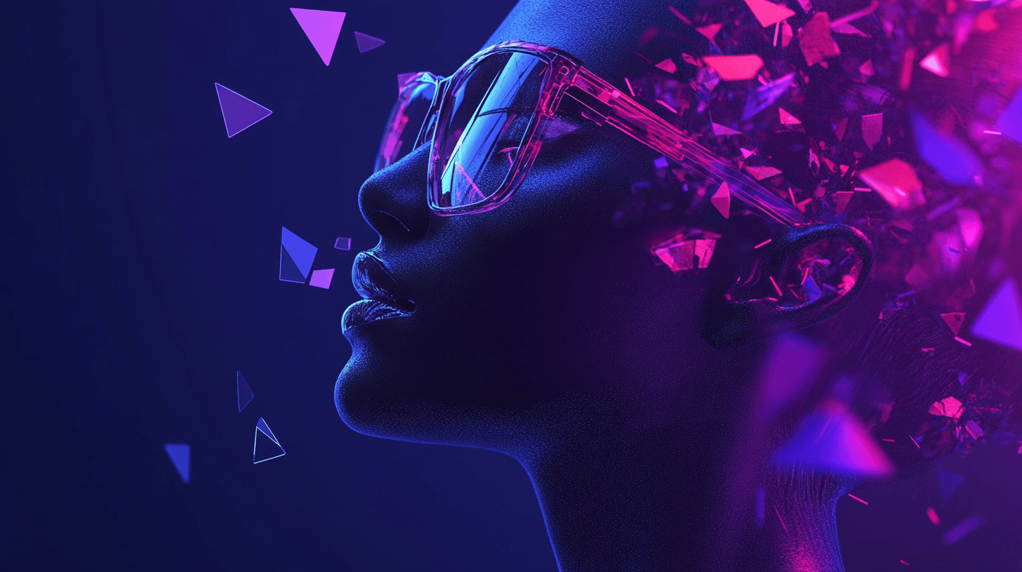 Side profile of a woman in smart glasses with digital shards symbolizing ideas, in neon purple light