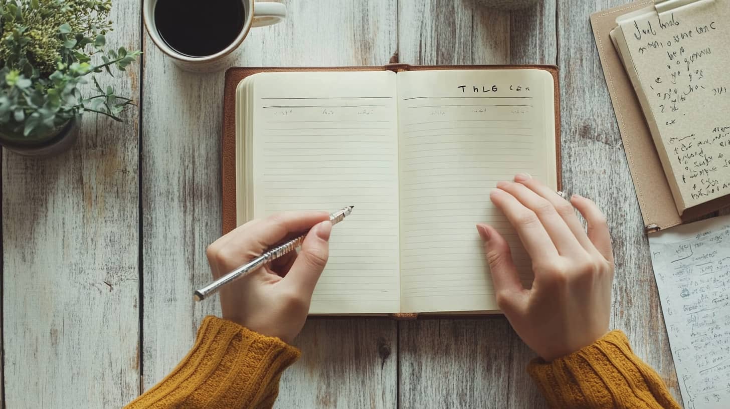 A person journaling weekly goals with coffee and notebooks on a wooden desk