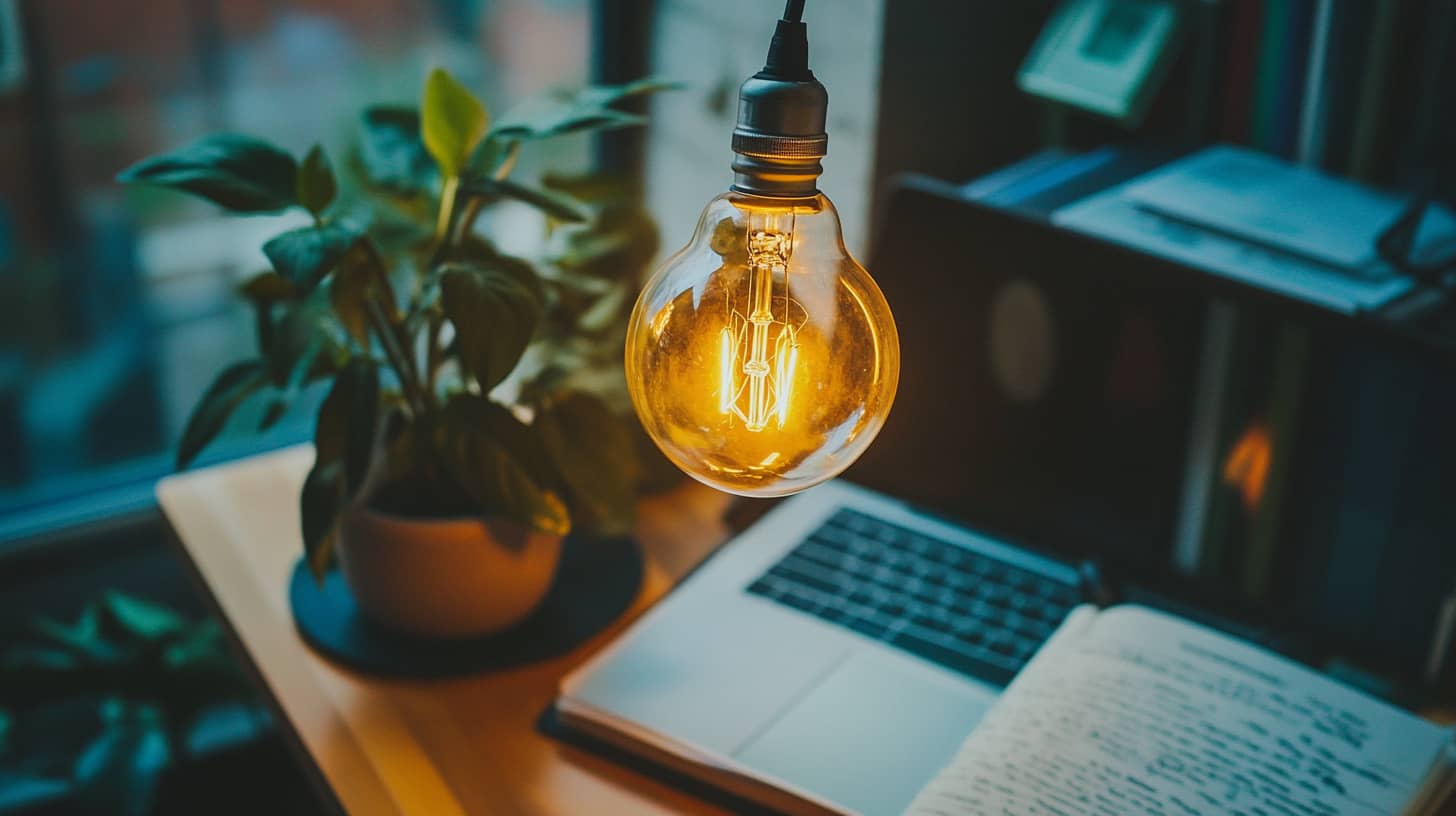 A warm-lit workspace with a glowing bulb, open notebook, and laptop symbolizing creative clarity for solopreneurs using ChatGPT