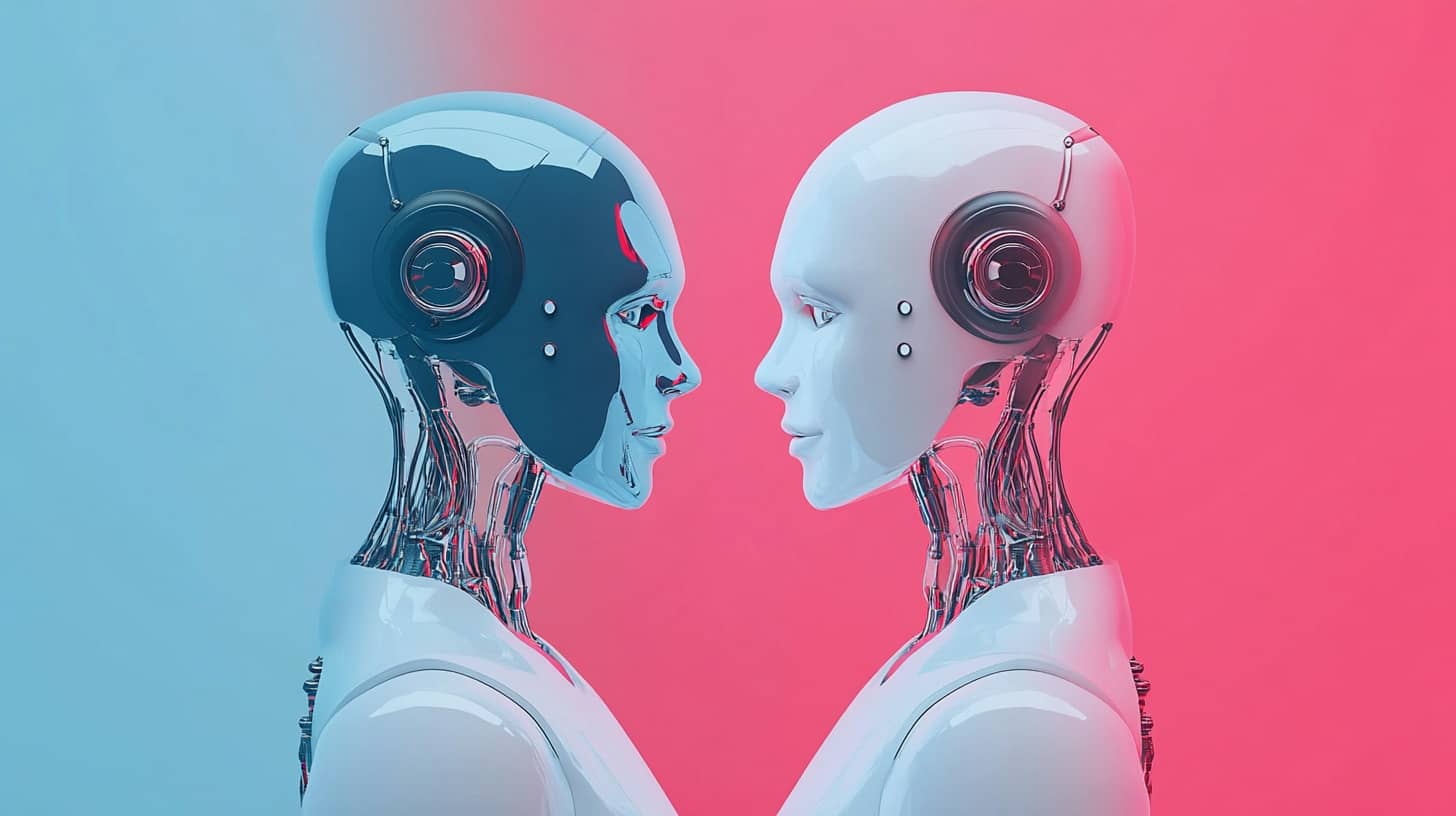 Two futuristic AI robots face each other, representing A/B testing and comparison in artificial intelligence.