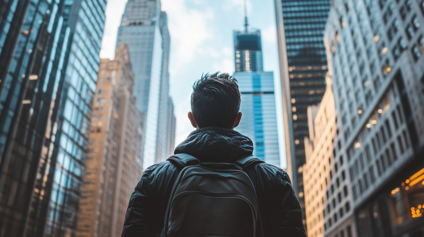 Solopreneur with backpack looking up at skyscrapers in a big city