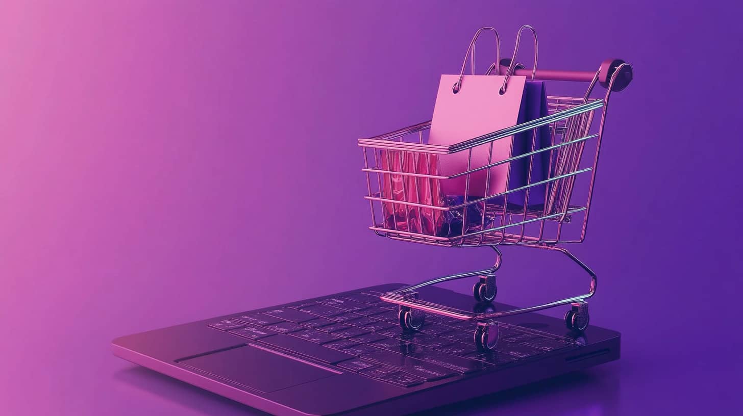 Mini shopping cart with a pink bag placed on a laptop keyboard symbolizing e-commerce automation
