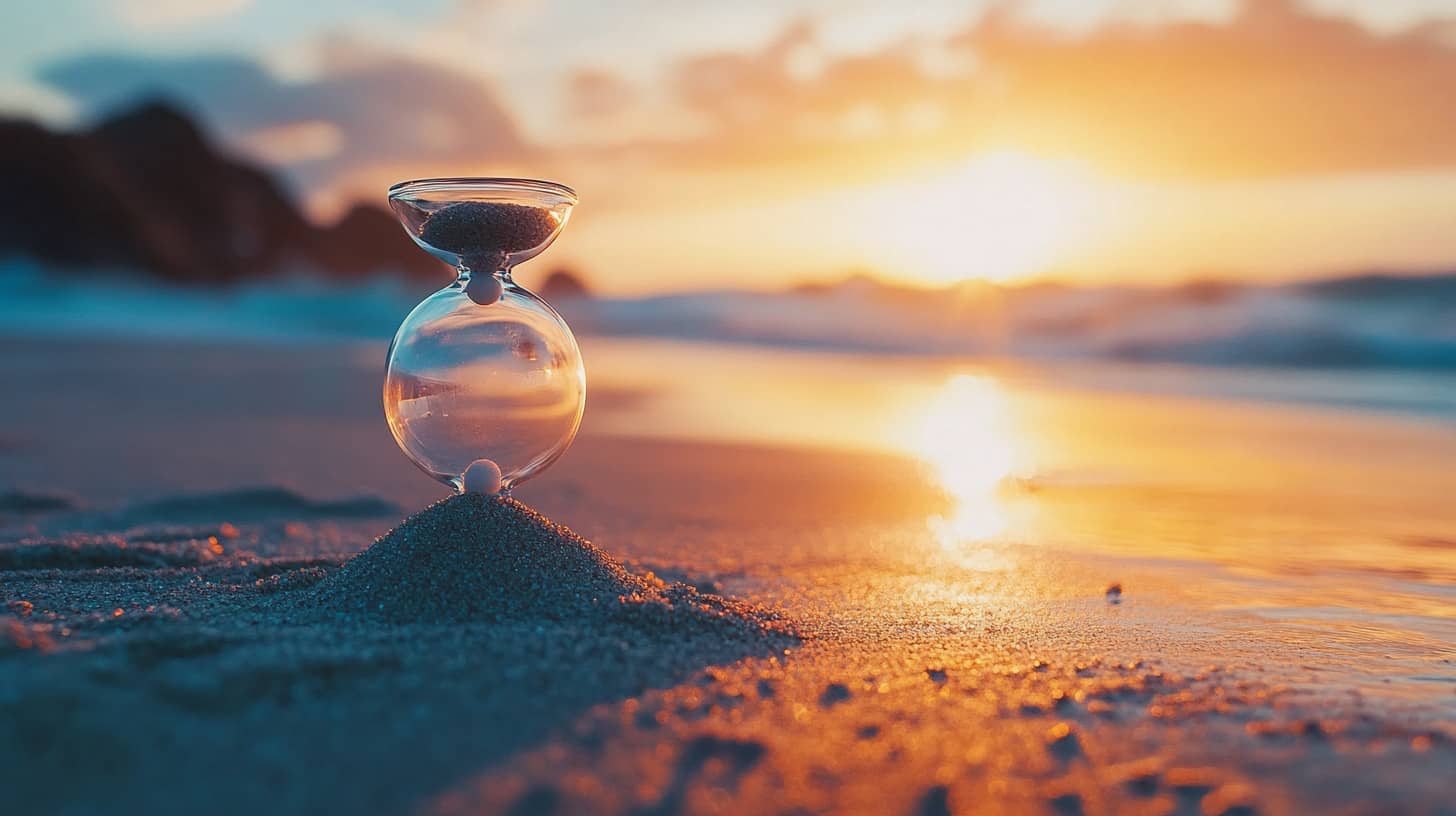 Transparent hourglass on a beach at sunset, symbolizing calm and scheduled time