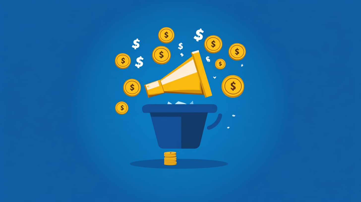Megaphone pouring coins into a bucket representing landing page conversions