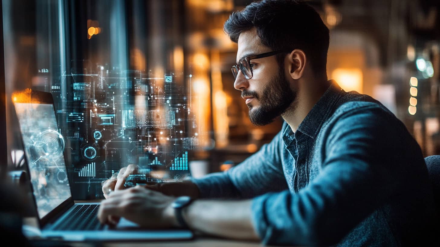 Focused solopreneur building AI-powered systems on laptop