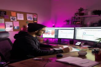 Solopreneur designing a 7-day AI-powered content calendar with digital tools, representing automation, rhythm, and creative balance.