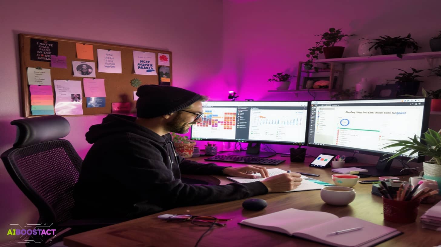 Solopreneur designing a 7-day AI-powered content calendar with digital tools, representing automation, rhythm, and creative balance.