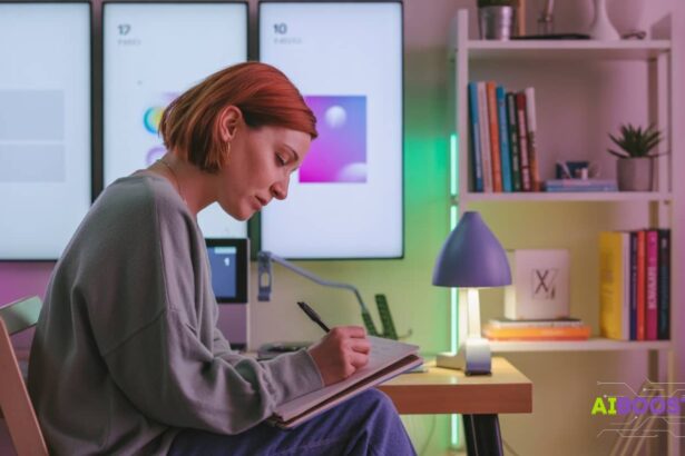 Entrepreneur writing creative ideas in a notebook while AI visuals play on screens behind her, symbolizing the balance between technology and human authenticity in branding.