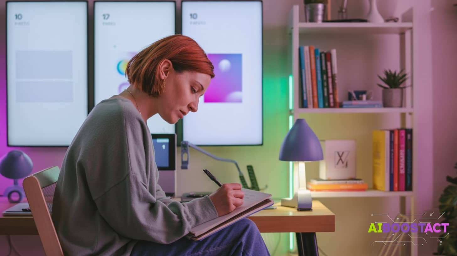 Entrepreneur writing creative ideas in a notebook while AI visuals play on screens behind her, symbolizing the balance between technology and human authenticity in branding.
