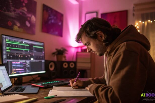 Solopreneur writing authentic AI-powered content at night, combining creativity and automation to keep his brand voice human and consistent.