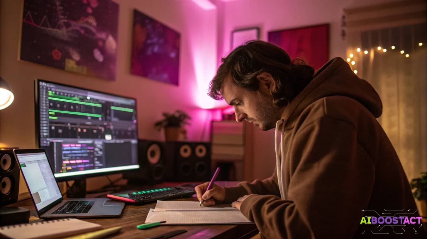 Solopreneur writing authentic AI-powered content at night, combining creativity and automation to keep his brand voice human and consistent.