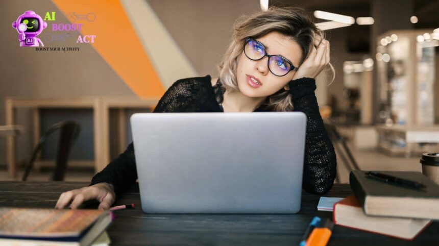 Tired solopreneur feeling burnout while working on laptop in coworking space