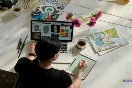Solopreneur designing content workflows using a laptop and tablet, surrounded by creative notes and coffee — symbolizing the creation of an AI-powered Content OS.