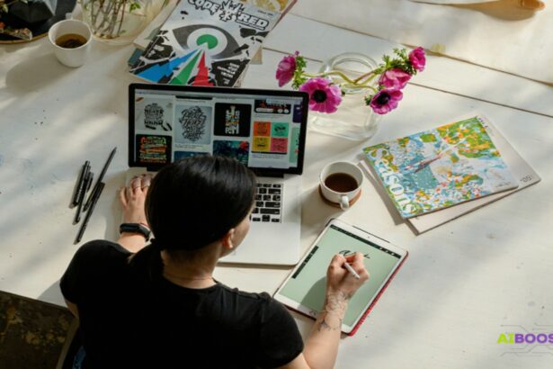 Solopreneur designing content workflows using a laptop and tablet, surrounded by creative notes and coffee — symbolizing the creation of an AI-powered Content OS.