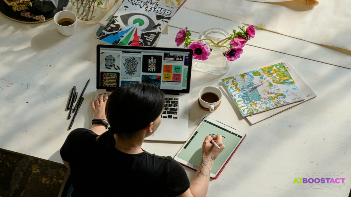 Solopreneur designing content workflows using a laptop and tablet, surrounded by creative notes and coffee — symbolizing the creation of an AI-powered Content OS.