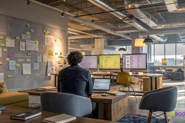 Solopreneur organizing scattered notes into a clear digital content system powered by AI, symbolizing the shift from chaos to clarity.