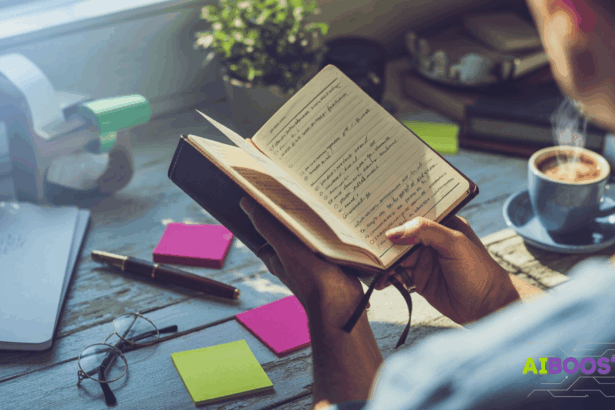 Solopreneur reviewing handwritten content plans with coffee on desk, symbolizing intentional creation and AI-powered consistency without burnout.