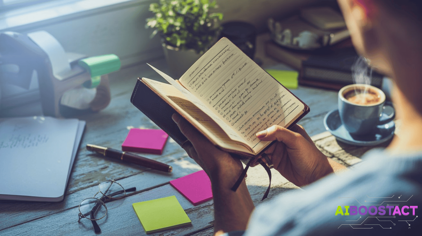 Solopreneur reviewing handwritten content plans with coffee on desk, symbolizing intentional creation and AI-powered consistency without burnout.