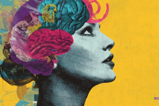 Pop-art collage of a woman’s profile with a colorful brain, symbolizing one idea expanding into many formats through AI-powered content repurposing.