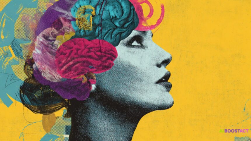 Pop-art collage of a woman’s profile with a colorful brain, symbolizing one idea expanding into many formats through AI-powered content repurposing.