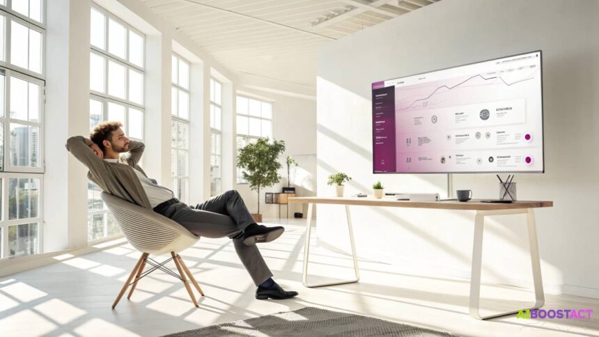 Solopreneur relaxing after automating workflow with AI tools, symbolizing the shift from hustle to freedom through intelligent systems.