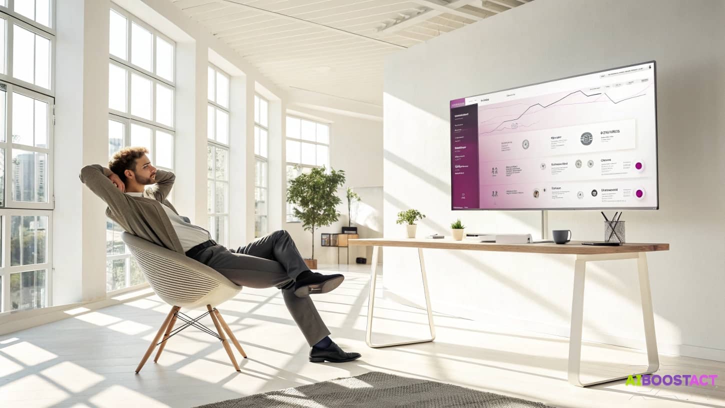 Solopreneur relaxing after automating workflow with AI tools, symbolizing the shift from hustle to freedom through intelligent systems.